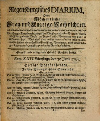 Regensburgisches Diarium oder wöchentliche Frag- und Anzeige-Nachrichten (Regensburger Wochenblatt) Dienstag 30. Juni 1767