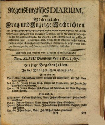 Regensburgisches Diarium oder wöchentliche Frag- und Anzeige-Nachrichten (Regensburger Wochenblatt) Dienstag 1. Dezember 1767