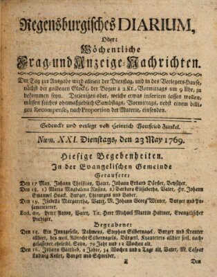 Regensburgisches Diarium oder wöchentliche Frag- und Anzeige-Nachrichten (Regensburger Wochenblatt) Dienstag 23. Mai 1769