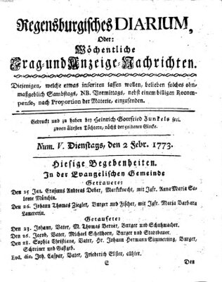 Regensburgisches Diarium oder wöchentliche Frag- und Anzeige-Nachrichten (Regensburger Wochenblatt) Dienstag 2. Februar 1773