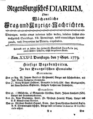 Regensburgisches Diarium oder wöchentliche Frag- und Anzeige-Nachrichten (Regensburger Wochenblatt) Dienstag 7. September 1773