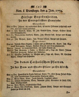 Regensburgisches Diarium oder wöchentliche Frag- und Anzeige-Nachrichten (Regensburger Wochenblatt) Dienstag 4. Januar 1774