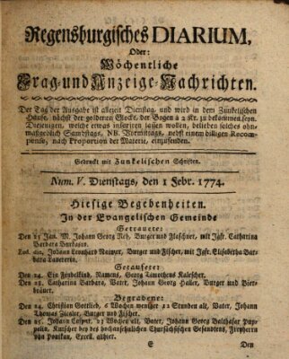 Regensburgisches Diarium oder wöchentliche Frag- und Anzeige-Nachrichten (Regensburger Wochenblatt) Dienstag 1. Februar 1774
