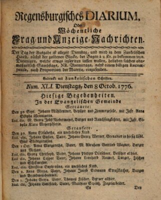 Regensburgisches Diarium oder wöchentliche Frag- und Anzeige-Nachrichten (Regensburger Wochenblatt) Dienstag 8. Oktober 1776