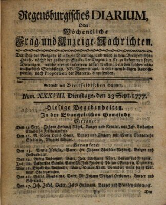 Regensburgisches Diarium oder wöchentliche Frag- und Anzeige-Nachrichten (Regensburger Wochenblatt) Dienstag 23. September 1777