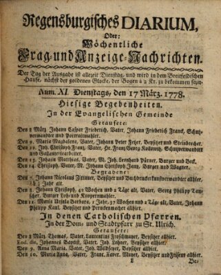 Regensburgisches Diarium oder wöchentliche Frag- und Anzeige-Nachrichten (Regensburger Wochenblatt) Dienstag 17. März 1778