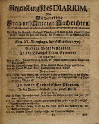 Regensburgisches Diarium oder wöchentliche Frag- und Anzeige-Nachrichten (Regensburger Wochenblatt) Dienstag 6. Oktober 1778