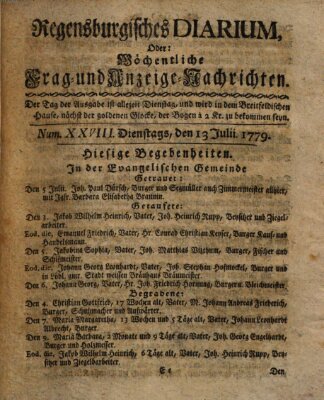Regensburgisches Diarium oder wöchentliche Frag- und Anzeige-Nachrichten (Regensburger Wochenblatt) Dienstag 13. Juli 1779