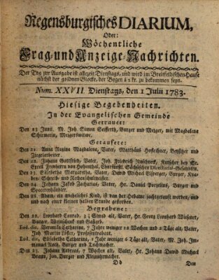 Regensburgisches Diarium oder wöchentliche Frag- und Anzeige-Nachrichten (Regensburger Wochenblatt) Dienstag 1. Juli 1783