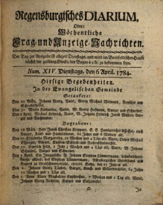 Regensburgisches Diarium oder wöchentliche Frag- und Anzeige-Nachrichten (Regensburger Wochenblatt) Dienstag 6. April 1784