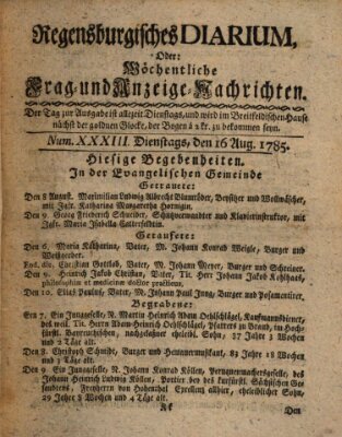 Regensburgisches Diarium oder wöchentliche Frag- und Anzeige-Nachrichten (Regensburger Wochenblatt) Dienstag 16. August 1785