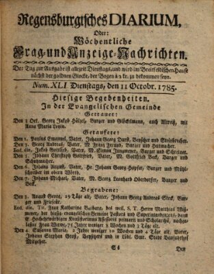 Regensburgisches Diarium oder wöchentliche Frag- und Anzeige-Nachrichten (Regensburger Wochenblatt) Dienstag 11. Oktober 1785