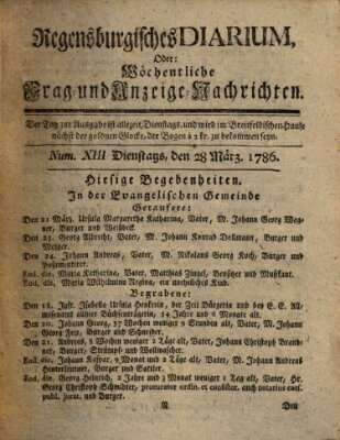 Regensburgisches Diarium oder wöchentliche Frag- und Anzeige-Nachrichten (Regensburger Wochenblatt) Dienstag 28. März 1786