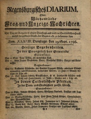 Regensburgisches Diarium oder wöchentliche Frag- und Anzeige-Nachrichten (Regensburger Wochenblatt) Dienstag 19. September 1786