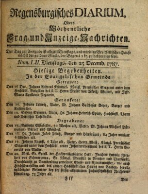 Regensburgisches Diarium oder wöchentliche Frag- und Anzeige-Nachrichten (Regensburger Wochenblatt) Dienstag 25. Dezember 1787