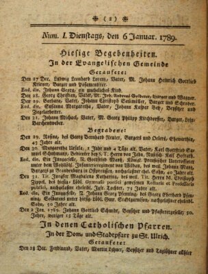 Regensburgisches Diarium oder wöchentliche Frag- und Anzeige-Nachrichten (Regensburger Wochenblatt) Dienstag 6. Januar 1789