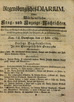 Regensburgisches Diarium oder wöchentliche Frag- und Anzeige-Nachrichten (Regensburger Wochenblatt) Dienstag 17. Februar 1789