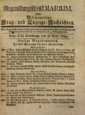 Regensburgisches Diarium oder wöchentliche Frag- und Anzeige-Nachrichten (Regensburger Wochenblatt) Dienstag 26. Mai 1789