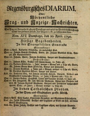 Regensburgisches Diarium oder wöchentliche Frag- und Anzeige-Nachrichten (Regensburger Wochenblatt) Dienstag 20. April 1790