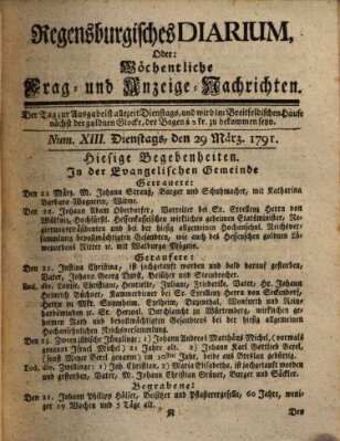 Regensburgisches Diarium oder wöchentliche Frag- und Anzeige-Nachrichten (Regensburger Wochenblatt) Dienstag 29. März 1791