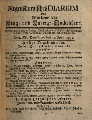 Regensburgisches Diarium oder wöchentliche Frag- und Anzeige-Nachrichten (Regensburger Wochenblatt) Dienstag 12. April 1791