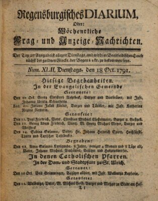 Regensburgisches Diarium oder wöchentliche Frag- und Anzeige-Nachrichten (Regensburger Wochenblatt) Dienstag 18. Oktober 1791