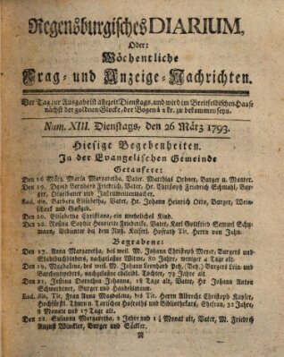 Regensburgisches Diarium oder wöchentliche Frag- und Anzeige-Nachrichten (Regensburger Wochenblatt) Dienstag 26. März 1793
