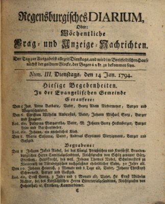 Regensburgisches Diarium oder wöchentliche Frag- und Anzeige-Nachrichten (Regensburger Wochenblatt) Dienstag 14. Januar 1794