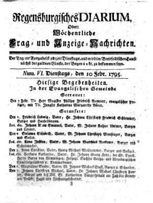 Regensburgisches Diarium oder wöchentliche Frag- und Anzeige-Nachrichten (Regensburger Wochenblatt) Dienstag 10. Februar 1795