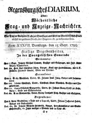 Regensburgisches Diarium oder wöchentliche Frag- und Anzeige-Nachrichten (Regensburger Wochenblatt) Dienstag 15. September 1795