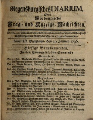 Regensburgisches Diarium oder wöchentliche Frag- und Anzeige-Nachrichten (Regensburger Wochenblatt) Dienstag 19. Januar 1796