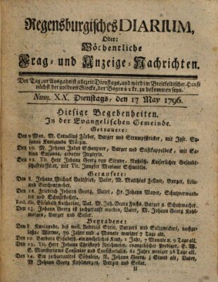 Regensburgisches Diarium oder wöchentliche Frag- und Anzeige-Nachrichten (Regensburger Wochenblatt) Dienstag 17. Mai 1796