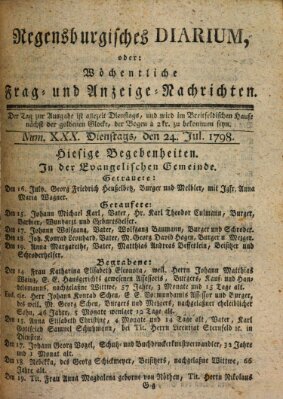 Regensburgisches Diarium oder wöchentliche Frag- und Anzeige-Nachrichten (Regensburger Wochenblatt) Dienstag 24. Juli 1798