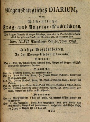 Regensburgisches Diarium oder wöchentliche Frag- und Anzeige-Nachrichten (Regensburger Wochenblatt) Dienstag 20. November 1798