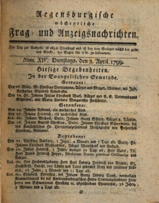 Regensburgische wöchentliche Frag- und Anzeigsnachrichten (Regensburger Wochenblatt) Dienstag 2. April 1799