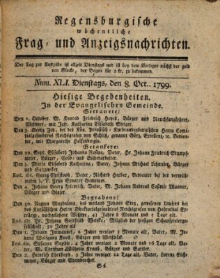 Regensburgische wöchentliche Frag- und Anzeigsnachrichten (Regensburger Wochenblatt) Dienstag 8. Oktober 1799