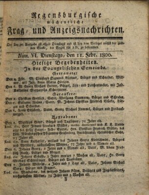 Regensburgische wöchentliche Frag- und Anzeigsnachrichten (Regensburger Wochenblatt) Dienstag 11. Februar 1800