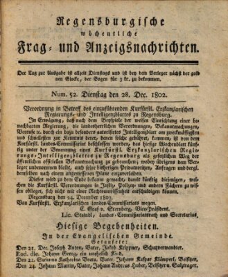 Regensburgische wöchentliche Frag- und Anzeigsnachrichten (Regensburger Wochenblatt) Dienstag 28. Dezember 1802