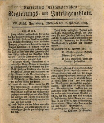 Kurfürstlich-Erzkanzlerisches Regierungs- und Intelligenzblatt (Regensburger Wochenblatt) Mittwoch 16. Februar 1803