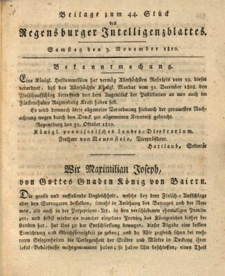 Regensburger Intelligenzblatt (Regensburger Wochenblatt) Samstag 3. November 1810