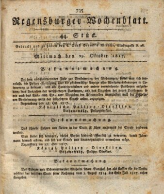 Regensburger Wochenblatt Mittwoch 29. Oktober 1817