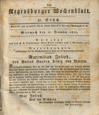 Regensburger Wochenblatt Mittwoch 17. Dezember 1817