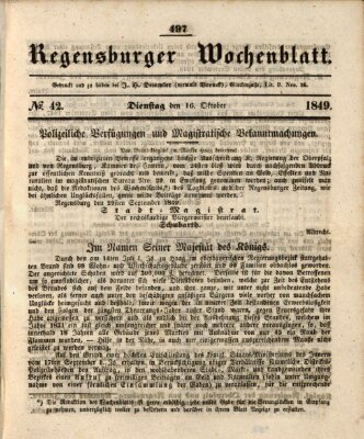 Regensburger Wochenblatt Dienstag 16. Oktober 1849