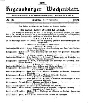 Regensburger Wochenblatt Dienstag 7. September 1852
