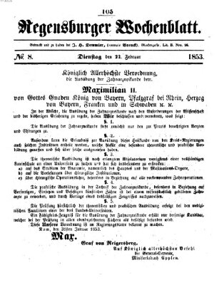 Regensburger Wochenblatt Dienstag 22. Februar 1853