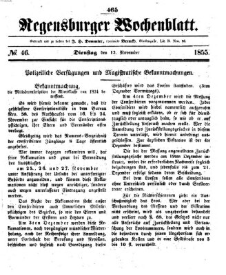 Regensburger Wochenblatt Dienstag 13. November 1855