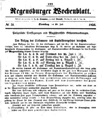 Regensburger Wochenblatt Dienstag 29. Juli 1856