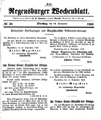 Regensburger Wochenblatt Dienstag 16. September 1856