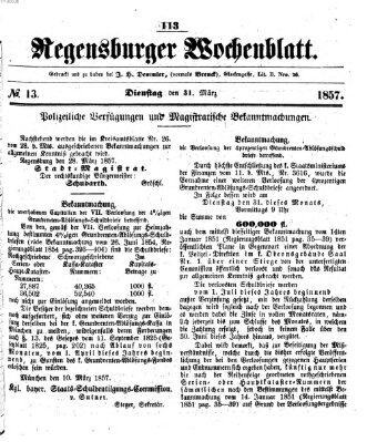Regensburger Wochenblatt Dienstag 31. März 1857