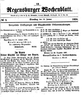 Regensburger Wochenblatt Dienstag 12. Januar 1858
